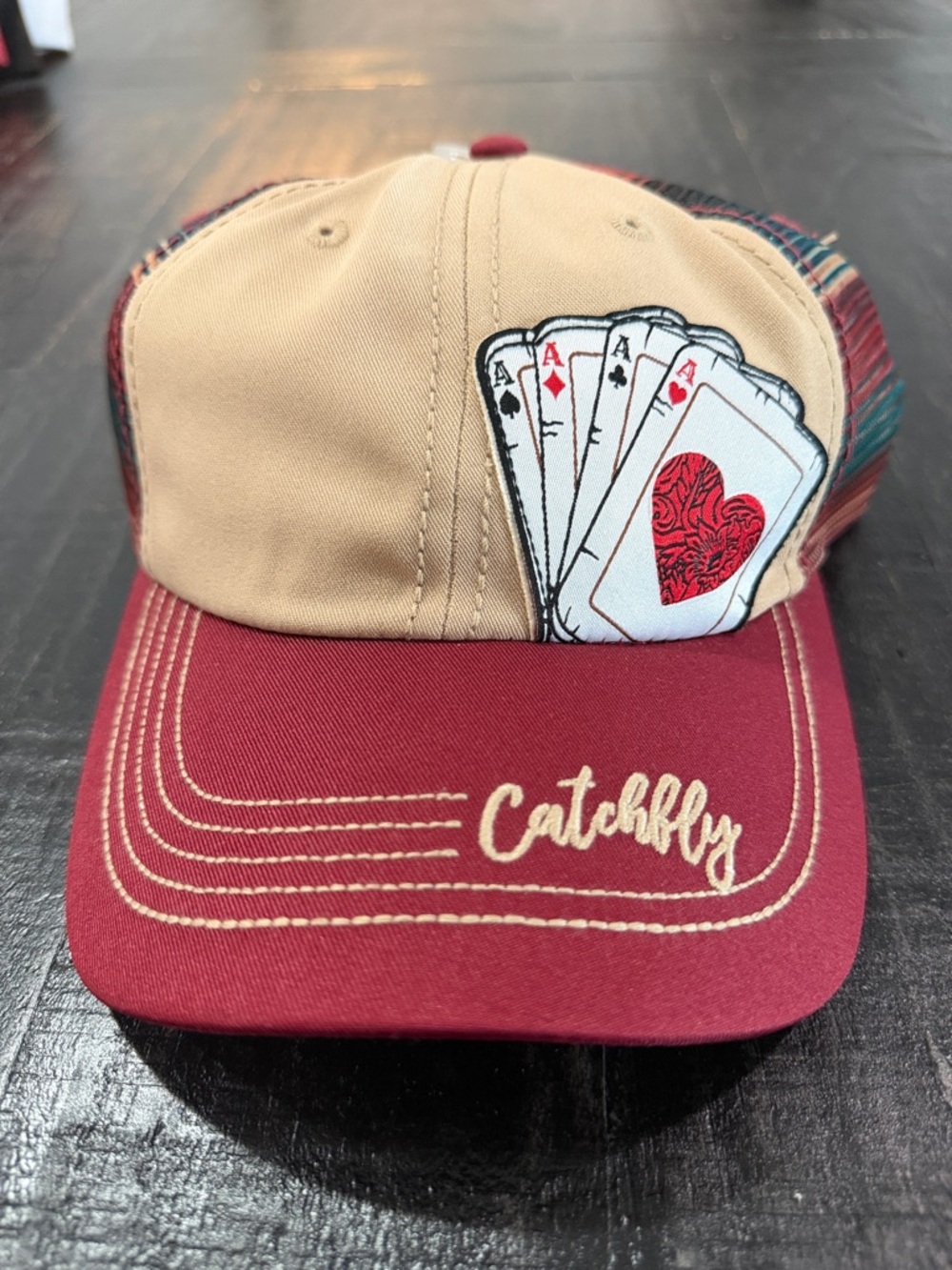 Catchfly Trucker Hat with Playing Card Patch - Beige & Burgundy